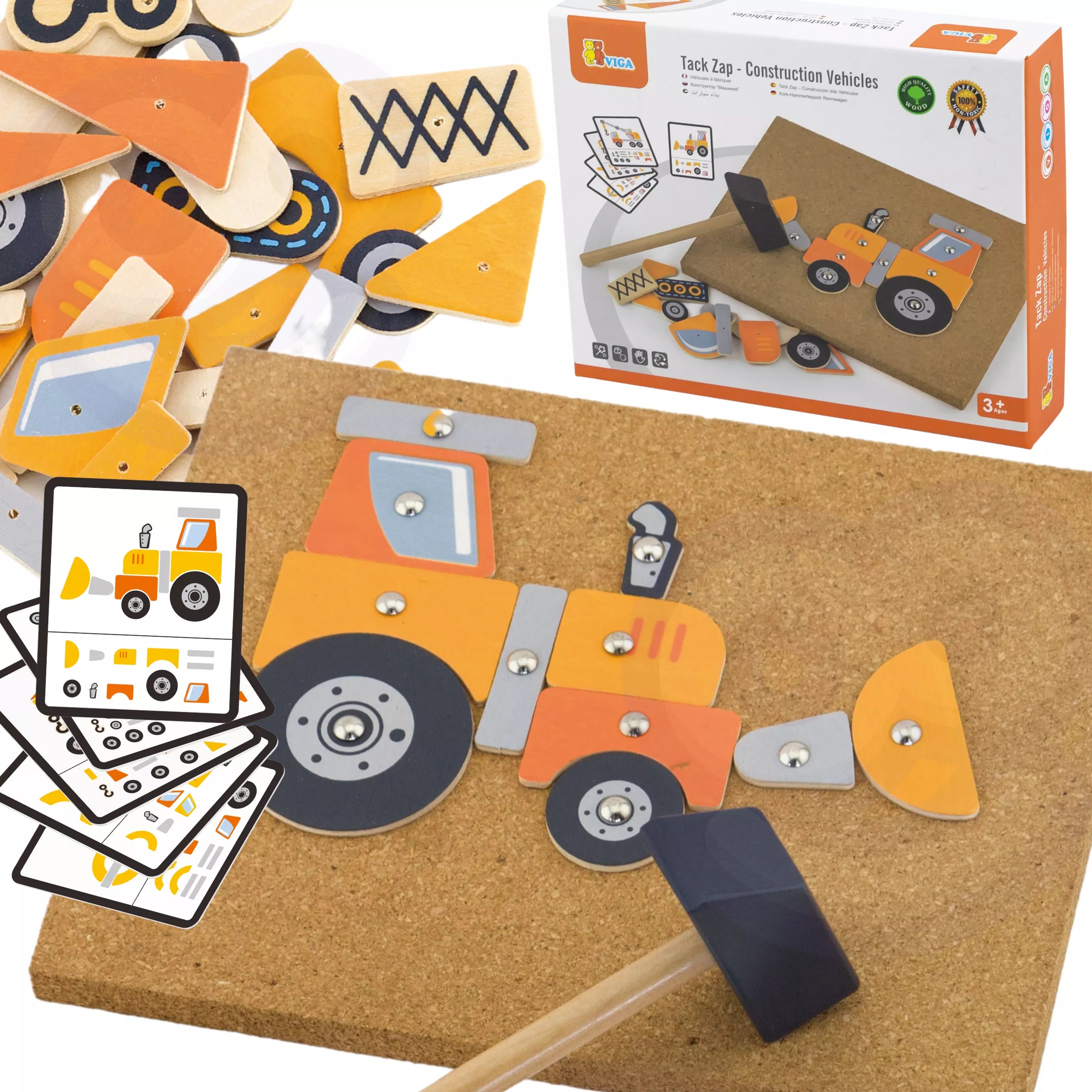 VIGA medinis žaidimas „Kalimas ir konstravimas“ – 45 detalės, statybiniai automobiliai, Montessori metodas
